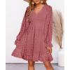 imageBTFBM Women Smocked Short Dress V Neck Long Sleeve Casual Swiss Dot Ruffle Chiffon Flowy Mini Summer Spring Dresses 2025Bean Paste Red