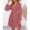 imageBTFBM Women Smocked Short Dress V Neck Long Sleeve Casual Swiss Dot Ruffle Chiffon Flowy Mini Summer Spring Dresses 2025Bean Paste Red