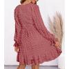 imageBTFBM Women Smocked Short Dress V Neck Long Sleeve Casual Swiss Dot Ruffle Chiffon Flowy Mini Summer Spring Dresses 2025Bean Paste Red
