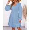 imageBTFBM Women Smocked Short Dress V Neck Long Sleeve Casual Swiss Dot Ruffle Chiffon Flowy Mini Summer Spring Dresses 2025Blue