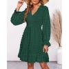 imageBTFBM Women Smocked Short Dress V Neck Long Sleeve Casual Swiss Dot Ruffle Chiffon Flowy Mini Summer Spring Dresses 2025Dark Green