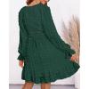 imageBTFBM Women Smocked Short Dress V Neck Long Sleeve Casual Swiss Dot Ruffle Chiffon Flowy Mini Summer Spring Dresses 2025Dark Green