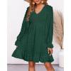 imageBTFBM Women Smocked Short Dress V Neck Long Sleeve Casual Swiss Dot Ruffle Chiffon Flowy Mini Summer Spring Dresses 2025Dark Green