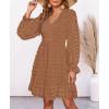 imageBTFBM Women Smocked Short Dress V Neck Long Sleeve Casual Swiss Dot Ruffle Chiffon Flowy Mini Summer Spring Dresses 2025Khaki