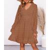 imageBTFBM Women Smocked Short Dress V Neck Long Sleeve Casual Swiss Dot Ruffle Chiffon Flowy Mini Summer Spring Dresses 2025Khaki