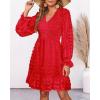 imageBTFBM Women Smocked Short Dress V Neck Long Sleeve Casual Swiss Dot Ruffle Chiffon Flowy Mini Summer Spring Dresses 2025Red