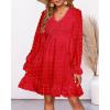 imageBTFBM Women Smocked Short Dress V Neck Long Sleeve Casual Swiss Dot Ruffle Chiffon Flowy Mini Summer Spring Dresses 2025Red