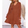 imageBTFBM Women Smocked Short Dress V Neck Long Sleeve Casual Swiss Dot Ruffle Chiffon Flowy Mini Summer Spring Dresses 2025Red Brown