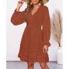 imageBTFBM Women Smocked Short Dress V Neck Long Sleeve Casual Swiss Dot Ruffle Chiffon Flowy Mini Summer Spring Dresses 2025Red Brown