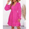 imageBTFBM Women Smocked Short Dress V Neck Long Sleeve Casual Swiss Dot Ruffle Chiffon Flowy Mini Summer Spring Dresses 2025Rose Red