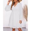 imageBTFBM Women Smocked Short Dress V Neck Long Sleeve Casual Swiss Dot Ruffle Chiffon Flowy Mini Summer Spring Dresses 2025White