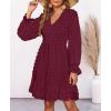 imageBTFBM Women Smocked Short Dress V Neck Long Sleeve Casual Swiss Dot Ruffle Chiffon Flowy Mini Summer Spring Dresses 2025Wine Red