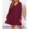 imageBTFBM Women Smocked Short Dress V Neck Long Sleeve Casual Swiss Dot Ruffle Chiffon Flowy Mini Summer Spring Dresses 2025Wine Red