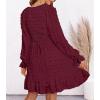 imageBTFBM Women Smocked Short Dress V Neck Long Sleeve Casual Swiss Dot Ruffle Chiffon Flowy Mini Summer Spring Dresses 2025Wine Red