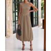 imageBTFBM Womens 2025 Summer Casual Sleeveless Midi Dress Patchwork Knit Tank Bubble Long Flowy Beach Maxi Sundress PocketsKhaki