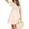 imageBTFBM Womens Beach Vacation Dress V Neck Short Sleeve Smocked Swiss Dot Casual Ruffle Mini Spring Summer Dresses 2025Apricot