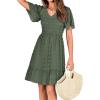 imageBTFBM Womens Beach Vacation Dress V Neck Short Sleeve Smocked Swiss Dot Casual Ruffle Mini Spring Summer Dresses 2025Army Green