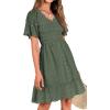 imageBTFBM Womens Beach Vacation Dress V Neck Short Sleeve Smocked Swiss Dot Casual Ruffle Mini Spring Summer Dresses 2025Army Green