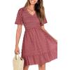 imageBTFBM Womens Beach Vacation Dress V Neck Short Sleeve Smocked Swiss Dot Casual Ruffle Mini Spring Summer Dresses 2025Bean Paste Red
