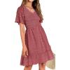 imageBTFBM Womens Beach Vacation Dress V Neck Short Sleeve Smocked Swiss Dot Casual Ruffle Mini Spring Summer Dresses 2025Bean Paste Red