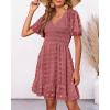 imageBTFBM Womens Beach Vacation Dress V Neck Short Sleeve Smocked Swiss Dot Casual Ruffle Mini Spring Summer Dresses 2025Bean Paste Red