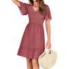imageBTFBM Womens Beach Vacation Dress V Neck Short Sleeve Smocked Swiss Dot Casual Ruffle Mini Spring Summer Dresses 2025Bean Paste Red