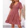 imageBTFBM Womens Beach Vacation Dress V Neck Short Sleeve Smocked Swiss Dot Casual Ruffle Mini Spring Summer Dresses 2025Bean Paste Red