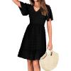 imageBTFBM Womens Beach Vacation Dress V Neck Short Sleeve Smocked Swiss Dot Casual Ruffle Mini Spring Summer Dresses 2025Black