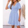 imageBTFBM Womens Beach Vacation Dress V Neck Short Sleeve Smocked Swiss Dot Casual Ruffle Mini Spring Summer Dresses 2025Blue