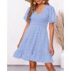 imageBTFBM Womens Beach Vacation Dress V Neck Short Sleeve Smocked Swiss Dot Casual Ruffle Mini Spring Summer Dresses 2025Blue