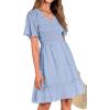 imageBTFBM Womens Beach Vacation Dress V Neck Short Sleeve Smocked Swiss Dot Casual Ruffle Mini Spring Summer Dresses 2025Blue