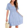imageBTFBM Womens Beach Vacation Dress V Neck Short Sleeve Smocked Swiss Dot Casual Ruffle Mini Spring Summer Dresses 2025Blue