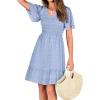 imageBTFBM Womens Beach Vacation Dress V Neck Short Sleeve Smocked Swiss Dot Casual Ruffle Mini Spring Summer Dresses 2025Blue