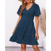 imageBTFBM Womens Beach Vacation Dress V Neck Short Sleeve Smocked Swiss Dot Casual Ruffle Mini Spring Summer Dresses 2025Dark Blue