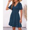imageBTFBM Womens Beach Vacation Dress V Neck Short Sleeve Smocked Swiss Dot Casual Ruffle Mini Spring Summer Dresses 2025Dark Blue