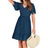 imageBTFBM Womens Beach Vacation Dress V Neck Short Sleeve Smocked Swiss Dot Casual Ruffle Mini Spring Summer Dresses 2025Dark Blue