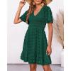 imageBTFBM Womens Beach Vacation Dress V Neck Short Sleeve Smocked Swiss Dot Casual Ruffle Mini Spring Summer Dresses 2025Dark Green