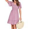 imageBTFBM Womens Beach Vacation Dress V Neck Short Sleeve Smocked Swiss Dot Casual Ruffle Mini Spring Summer Dresses 2025Dusty Pink