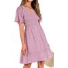 imageBTFBM Womens Beach Vacation Dress V Neck Short Sleeve Smocked Swiss Dot Casual Ruffle Mini Spring Summer Dresses 2025Dusty Pink