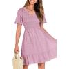 imageBTFBM Womens Beach Vacation Dress V Neck Short Sleeve Smocked Swiss Dot Casual Ruffle Mini Spring Summer Dresses 2025Dusty Pink