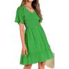 imageBTFBM Womens Beach Vacation Dress V Neck Short Sleeve Smocked Swiss Dot Casual Ruffle Mini Spring Summer Dresses 2025Green
