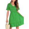 imageBTFBM Womens Beach Vacation Dress V Neck Short Sleeve Smocked Swiss Dot Casual Ruffle Mini Spring Summer Dresses 2025Green