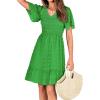 imageBTFBM Womens Beach Vacation Dress V Neck Short Sleeve Smocked Swiss Dot Casual Ruffle Mini Spring Summer Dresses 2025Green