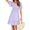 imageBTFBM Womens Beach Vacation Dress V Neck Short Sleeve Smocked Swiss Dot Casual Ruffle Mini Spring Summer Dresses 2025Light Purple