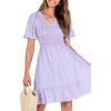 imageBTFBM Womens Beach Vacation Dress V Neck Short Sleeve Smocked Swiss Dot Casual Ruffle Mini Spring Summer Dresses 2025Light Purple
