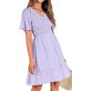 imageBTFBM Womens Beach Vacation Dress V Neck Short Sleeve Smocked Swiss Dot Casual Ruffle Mini Spring Summer Dresses 2025Light Purple