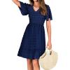 imageBTFBM Womens Beach Vacation Dress V Neck Short Sleeve Smocked Swiss Dot Casual Ruffle Mini Spring Summer Dresses 2025Navy