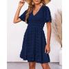 imageBTFBM Womens Beach Vacation Dress V Neck Short Sleeve Smocked Swiss Dot Casual Ruffle Mini Spring Summer Dresses 2025Navy