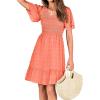 imageBTFBM Womens Beach Vacation Dress V Neck Short Sleeve Smocked Swiss Dot Casual Ruffle Mini Spring Summer Dresses 2025Orange Pink