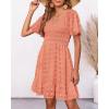 imageBTFBM Womens Beach Vacation Dress V Neck Short Sleeve Smocked Swiss Dot Casual Ruffle Mini Spring Summer Dresses 2025Orange Pink